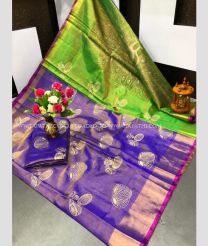 Purple Blue and Parrot Green color Uppada Tissue handloom saree with printed design -UPPI0000446