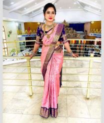 Baby Pink and Royal Blue color Lichi sarees with zari border saree design -LICH0000185