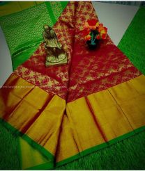 Red and Green color Chenderi silk handloom saree with kaddy border saree design -CNDP0011942