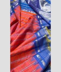 Coral Pink and Blue color gadwal pattu handloom saree with all over jari and reasham checks with temple kothakoma kuthu border design -GDWP0001583