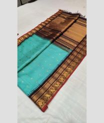 Turquoise and Golden color gadwal pattu sarees with kuthu border design -GDWP0001787