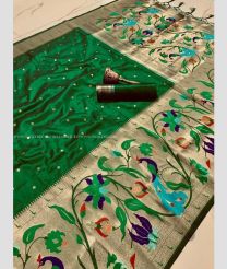 Dark Green color paithani sarees with pure zari peacock design and big border -PTNS0005180