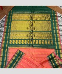 Copper Red and Pine Green color gadwal pattu handloom saree with all over buties with multiple bentex and temple kuthu interlock woven border design -GDWP0001601