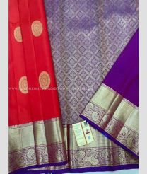 Red and Purple color kanchi pattu handloom saree with all over double warp thread with traditional buties design -KANP0013706
