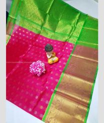 Pink and Parrot Green color kuppadam pattu handloom saree with all over buties with kanchi border design -KUPP0096726