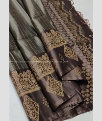 Grey and Camel Brown color soft silk kanchipuram sarees with all over buties with double warp border design -KASS0000936