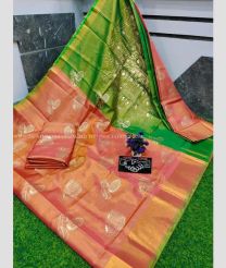 Coral Pink and Parrot Green color Uppada Tissue handloom saree with all over screen printed design -UPPI0001688