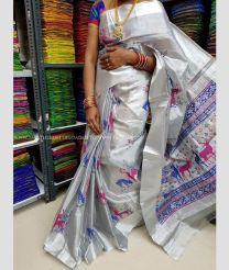 Silver Pink and BLue color Uppada Tissue handloom saree with printed design saree -UPPI0000216