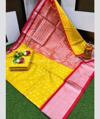 Yellow and Red color Chenderi silk handloom saree with all over buties with kaddi border design -CNDP0016267