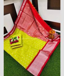 Acid Green and Red color Chenderi silk handloom saree with all over buties with big kaddi border design -CNDP0014165