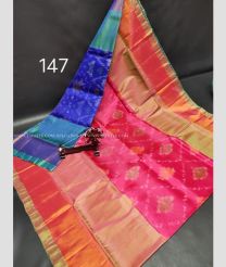 Blue and Pink color Uppada Soft Silk handloom saree with all over pochampalli ikkat design -UPSF0003672