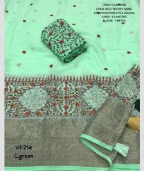 Aquamarine and Grey color linen sarees with kashmiri style multi colored thread and siroski diamond work with jacquard woven border design -LINS0003159