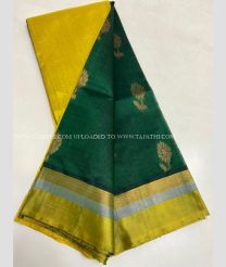 Mustard Yellow and Pine Green color Kollam Pattu handloom saree with all over big buties design -KOLP0001585