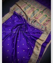 Purple Blue and Cream color paithani sarees with heavy mina weaving zari pallu with beautiful tassels design -PTNS0005206