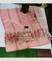 Baby Pink and Lite Brown color linen sarees with all over flower printed design -LINS0003353