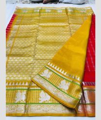 Red and Mustard Yellow color venkatagiri pattu handloom saree with all over checks and buties design -VAGP0000906