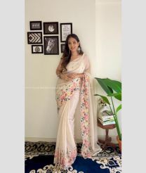 Cream color silk sarees with plain with multi embroidery thread work design -SILK0017336
