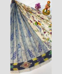 Platinum and Cream color Uppada Cotton handloom saree with all over printed with double side pochampally border design -UPAT0004363