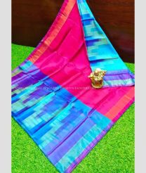 Turquoise and Pink color Uppada Soft Silk handloom saree with all over plain and checks and pochampally border design -UPSF0002719