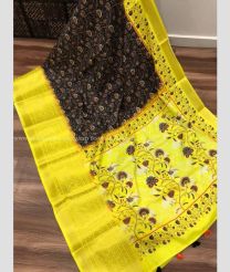 Mustard Yellow and Black color Banarasi sarees with all over digital printed saree design -BANS0000898