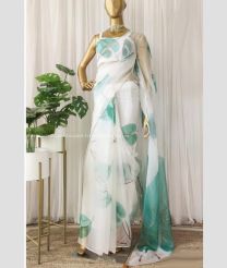 White and Turquoise color Organza sarees with all over digital print with foil lace border design -ORGS0003107
