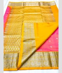 Pink and Mango Yellow color venkatagiri pattu handloom saree with all over dollar buties design -VAGP0000494