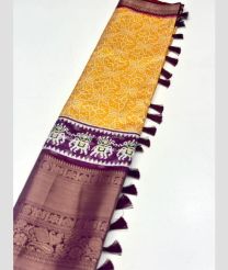 Mango Yellow and Plum Purple color Banarasi sarees with all over jari woven with kalamkari printed design -BANS0011515