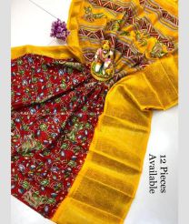 Maroon and Yellow color Chenderi silk handloom saree with printed saree design -CNDP0013742
