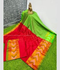 Red and Parrot Green color Uppada Soft Silk handloom saree with plain with pochampalli border design -UPSF0003630