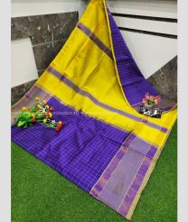 Purple Blue and Mustard Yellow color Uppada Cotton handloom saree with all over mahanati checks design -UPAT0004408