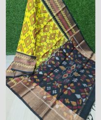 Lemon Yellow and Dark Green color pochampally Ikkat cotton handloom saree with all over pochampally design saree -PIKT0000105