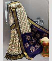 Cream and Navy Blue color pochampally ikkat pure silk sarees with all over pochampally ikkat design -PIKP0037849