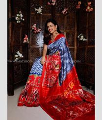 Navy Blue and Red color pochampally ikkat pure silk handloom saree with leheriya design -PIKP0018129