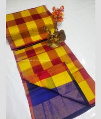 Yellow and Navy Blue color Tripura Silk handloom saree with all over checks design -TRPP0008007