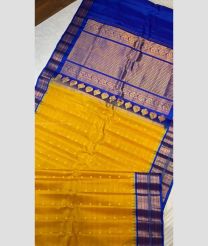 Mango Yellow and Royal Blue color gadwal pattu handloom saree with all over buties with temple kuthu and patti strip borders design -GDWP0001585