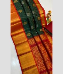 Pine Green and Red color kuppadam pattu handloom saree with all over small check and big buties design -KUPP0097050