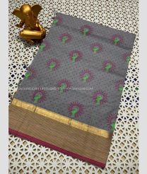 Grey and Red color mangalagiri pattu handloom saree with all over printed design -MAGP0026579