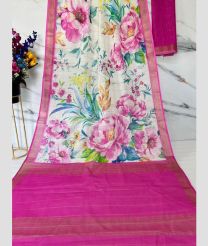 Half White and Neon Pink color linen sarees with all over digital printed with gold jari border design -LINS0003717