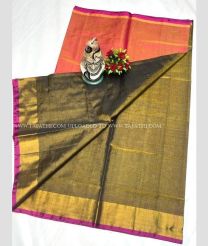 Coral Pink and Oak Brown color Uppada Tissue handloom saree with plain with kaddi border design -UPPI0001708