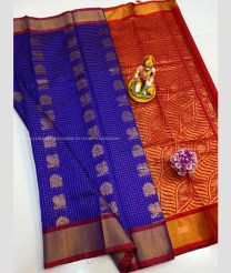 Blue and Red color Kollam Pattu handloom saree with all over checks and buties design -KOLP0001716