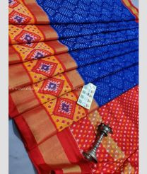 Royal Blue and Tomato Red color pochampally ikkat pure silk handloom saree with pochampally ikkat design -PIKP0031675