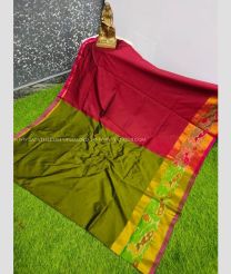 Olive and Red color Uppada Soft Silk handloom saree with plain with pochampally border design -UPSF0003153