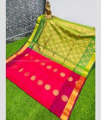 Pink and Parrot Green color Uppada Soft Silk handloom saree with all over big buties design -UPSF0003362