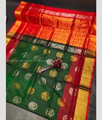Pine Green and Red color uppada pattu handloom saree with all over big silver and gold buties design -UPDP0020720