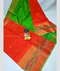 Orange and Parrot Green color uppada pattu handloom saree with all over nakshtra buties with pochampally border design -UPDP0021021