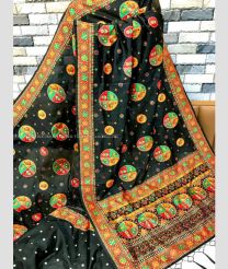 Black and Lite Orange color silk sarees with all over meena woven pattern with extraordinary stunning pallu and fancy tassels design -SILK0017275