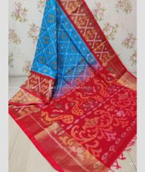 Aqua Blue and Red color Ikkat sico handloom saree with all over pochampally design saree -IKSS0000263
