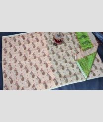 Cream and Acid Green color Chenderi silk handloom saree with all over printed saree design -CNDP0005536