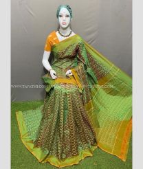 Dark Green and Mustard Yellow color pochampally Ikkat cotton handloom saree with All over Pochampally Ikkat Design-PIKT0000193