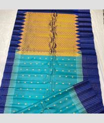Aqua Blue and Navy BLue color gadwal pattu handloom saree with temple  border saree design -GDWP0000778
